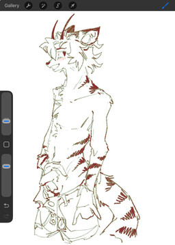 anthro balls belt blush bottomwear bottomwear_down chest_tuft clothed clothing drawing_program genitals hair holding_penis horn male markings open_belt pants pants_down partially_clothed penis skinny_anthro skinny_male smile solo standing striped_markings stripes tail tuft user_interface serpent_x unknown_species hi_res sketch