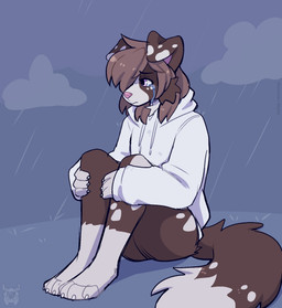 anthro black_eyebrows bodily_fluids bottomless brown_hair cheek_tuft claws clothed clothing crying dit eyebrows facial_tuft female floppy_ears fur hair hoodie hoodie_only medium_hair monotone_hair multicolored_body multicolored_fur outside paws pink_nose purple_eyes raining sad snout solo tears tears_of_sadness topwear topwear_only tuft two_tone_body two_tone_fur white_body white_claws white_clothing white_fur white_hoodie white_topwear fleurfurr canid canine canis domestic_dog mammal colored colored_sketch digital_drawing_(artwork) digital_media_(artwork) hi_res shaded sketch