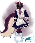 anthro black_clothing blue_clothing blue_knee_highs blush claws clothing excessive_fluff finger_claws fluffy fluffy_hair fluffy_tail fur hair knee_highs knee_tuft knock-kneed leg_tuft legwear machine maid_uniform male neck_tuft pink_ears purple_body purple_bow purple_clothing purple_fur simple_background smile solo tail tan_body tan_fur tuft uniform white_clothing yellow_eyes lappiedaien vapor_holloway protogen 4:5 dated hi_res watermark