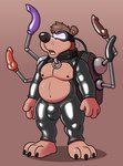 anthro bulge clothing dildo drone latex latex_clothing latex_skinsuit male mind_control open_mouth sex_toy simple_background skinsuit solo text tight_clothing blueballs banjo-kazooie rareware banjo_(banjo-kazooie) bear mammal english_text hi_res