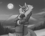 2024 5:4 alice_the_vixen anthro anton_petrov biped black_sclera canid canine claws digital_media_(artwork) duo female finger_claws fox full_moon hi_res human male male/female mammal monochrome moon outside patecko snow tiny_bunny young young_human young_male