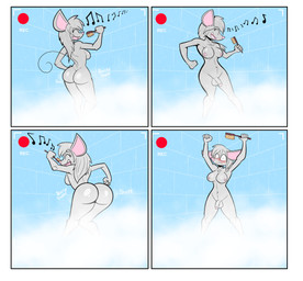 anthro areola balls bathing blissful blush border breasts butt camera_view caught_on_camera embarrassed first_person_view flaccid foreskin genitals gynomorph intersex looking_at_viewer navel nipples nude penis realization recording scrub_brush shaking_butt shower singing solo steam text wet white_border birbpan trish_(birbpan) mammal murid murine rat rodent absurd_res comic hi_res trans_(lore) trans_woman_(lore)