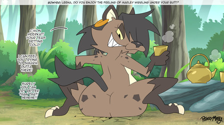 anthro big_butt black_hair brown_body brown_fur butt female forest fur hair outside plant sitting sitting_on_another solo text tree wide_hips yellow_sclera potateymatey leena_(potateymatey) hyena mammal 2026 english_text hi_res