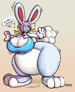 alternate_species anthro big_breasts big_feet bottomless breasts buckteeth clothed clothing dialogue feet female fur grey_body grey_fur hair huge_breasts implied_transformation pink_hair simple_background solo standing surprised tail teeth text mrchin sutibaru capcom ghost_trick kamila_(ghost_trick) lagomorph leporid mammal rabbit 2024 digital_media_(artwork) english_text hi_res