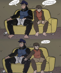 bottomwear bulge clothing furniture hand_in_pants hand_on_leg hat headgear headwear male male/male shorts sitting sofa text hogkins chimptopia nolan_(chimptopia) robby_(chimptopia) mammal primate english_text hi_res