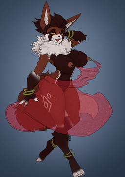 anthro big_breasts breasts brown_body brown_fur brown_hair clothing dress female fluffy fluffy_tail fur hair ineffective_clothing linked_nipples linked_piercing multicolored_body multicolored_fur neck_tuft nipple_piercing nipple_ring nipples orange_sclera piercing pink_nipples ring_piercing solo tail translucent translucent_clothing translucent_dress tuft white_body white_fur yellow_eyes yawg bandai_namco digimon nipple_piercing_dress tabitha_(mystic) ailurid canid digimon_(species) mammal red_panda renamon 2026 hi_res