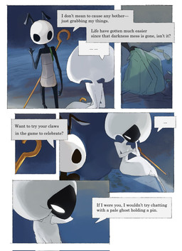 antennae_(anatomy) anthro backpack biped black_body black_eyes detailed_background dialogue ellipsis empty_eyes eye_contact female female_humanoid grey_body looking_at_another male male_anthro mouthless sitting speech_bubble talking_to_another text white_body white_eyes darkdog hollow_knight:_silksong hollow_knight_(franchise) team_cherry lace_(hollow_knight:_silksong) seth_(hollow_knight:_silksong) arthropod humanoid 2025 comic digital_drawing_(artwork) digital_media_(artwork) english_text hi_res