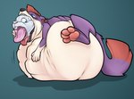 abdominal_bulge almost_fully_inside anthro anthro_pred anthro_prey biped blue_eyes countershading duo male male_pred male_prey markings oral_vore partially_inside paws purple_body red_markings smaller_pred stretched_mouth tan_body vore akudrache blitzstoat_(gyro) lagomorph leporid mammal mustelid musteline rabbit stoat true_musteline weasel hi_res