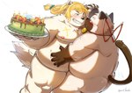 anthro belly big_belly birthday_cake blush butt cake dessert duo eyewear food glasses hand_holding kemono male male/male moobs nipples one_eye_closed overweight overweight_male simple_background art_hoshi domestic_cat felid feline felis mammal 2023 hi_res