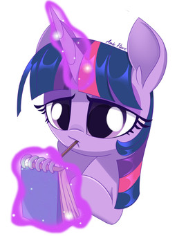 female feral glowing glowing_horn horn magic notebook pencil_(object) simple_background solo sparkles telekinesis amix_flare friendship_is_magic hasbro my_little_pony mythology twilight_sparkle_(mlp) equid equine mammal mythological_creature mythological_equine unicorn hi_res