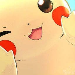 :3 ;3 ambiguous_gender black_nose blush blush_stickers brown_eyes close-up daww face_focus fur happy looking_at_viewer markings no_sclera one_eye_closed open_:3 open_mouth open_smile red_cheeks red_markings smile solo yellow_body yellow_fur cotora nintendo pokemon generation_1_pokemon pikachu pokemon_(species) 1:1 2019 dated icon
