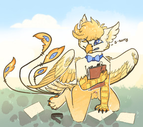 anthro beak blue_eyes bodily_fluids clumsy embarrassed erection feathered_wings feathers fluffy fur genital_fluids genitals hair male nerd penis simple_background small_penis small_penis_exposure solo tail text wings infernette mythology avian gryphon mythological_avian mythological_creature 2025 digital_media_(artwork) english_text hi_res shaded sketch