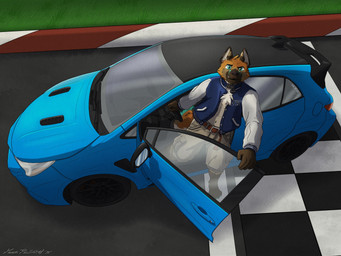 4_toes 5_fingers anthro belt blue_car blue_clothing blue_collar blue_eyes blue_jacket blue_markings blue_tail_tip blue_topwear bottomwear brown_belt brown_body brown_ears brown_feet brown_fur brown_hands brown_snout brown_tail car chest_tuft clothing collar collar_tag detailed_car dipstick_tail door feet fingers fur fur_markings grass grey_bottomwear grey_clothing grey_shorts grin high-angle_view jacket jersey letterman_jacket looking_at_viewer male markings navel open_door outside plant pointy_ears prick_ears racetrack shirt shorts smile solo standing tail tail_markings text toes topwear tuft vehicle white_sleeves kemira toyota vulan_(flyinfox) canid canine fox mammal 2025 english_text hi_res signature
