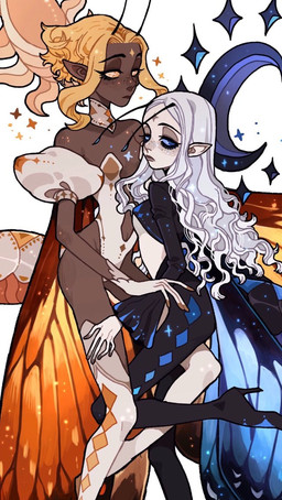 antennae_(anatomy) blonde_hair blue_eyes blue_sclera bodysuit boots bottomwear breasts clothed clothing collar crescent_moon dark_body dark_skin detailed_background duo female footwear gloves hair handwear high_heeled_boots high_heels humanoid_pointy_ears insect_wings jacket leaning legwear moon pale_skin pants pointy_ears shoes skimpy skinsuit standing sun swimwear thigh_boots thigh_highs tight_clothing topwear under_boob white_hair wings yellow_eyes yellow_sclera juanmao1997 animal_humanoid arthropod arthropod_humanoid humanoid insect insect_humanoid lepidopteran lepidopteran_humanoid moth moth_humanoid winged_humanoid 2018