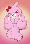 accessory blush bow_ribbon chest_tuft covering covering_crotch eyelashes fangs female feral flat_chested fluffy fluffy_tail fur gradient_background hair_accessory hair_bow hair_ribbon half-closed_eyes hands_on_crotch leaning leaning_backward looking_at_viewer narrowed_eyes naughty_face nude open_mouth pawpads paws pink_body pink_eyes pink_fur pink_nose ribbons seductive semi-anthro simple_background sitting solo tail teeth thick_thighs tongue tuft white_body white_fur 638t jewelpet sanrio sega_fave garnet_(jewelpet) domestic_cat felid feline felis mammal persian_cat 2024 hi_res