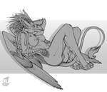 anthro areola beak bedroom_eyes big_breasts breasts chest_tuft claws clitoris crossed_legs dreadlocks erect_nipples feather_hair feathered_wings feathers feet female forearms fur genitals hair hindpaw inner_ear_fluff legs_together long_beak long_ears long_hair long_tail looking_at_another looking_away lying monotone_body monotone_fur narrowed_eyes nipple_fetish nipples on_back one_eye_closed paws pose pseudo_hair pussy scaled_forearms scales seductive simple_background simple_coloring smile solo tail tail_motion tail_tuft toe_claws tuft wings feathered_diva mythology jezebel_(vervadra) avian gryphon mythological_avian mythological_creature 2022 black_and_white digital_drawing_(artwork) digital_media_(artwork) greyscale hi_res monochrome