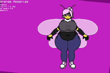 4_wings 5_fingers antennae_(anatomy) anthro belly belly_overhang big_belly big_breasts biped black_body black_sclera bottomwear breasts clothed clothing crop_top curvy_figure deep_navel eyelashes female fingers footwear front_view fur hair leggings legwear looking_at_viewer multi_wing multicolored_body navel neck_tuft nipples non-mammal_breasts non-mammal_hair non-mammal_navel non-mammal_nipples overweight overweight_anthro overweight_female pants pink_eyes pink_hair ponytail shirt shoes smile solo standing text thick_thighs topwear translucent translucent_wings tuft two_tone_body voluptuous white_body white_fur wide_hips wings yellow_body illuminion_(artist) brenda_meganias arthropod bee hymenopteran insect 2024 digital_media_(artwork) english_text model_sheet pixel_(artwork)