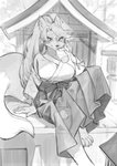 anthro asian_clothing barefoot beverage beverage_can bottomwear clothed clothing drinking east_asian_clothing facial_markings feet female fur gesture hair hakama haori head_markings hindpaw japanese_clothing kemono looking_at_viewer markings miko_outfit paws ponytail raised_finger raised_pinky shinto_shrine shrine shrine_maiden sitting skirt smile solo aruurara mizuki_(aruurara) canid canine fox mammal hi_res monochrome