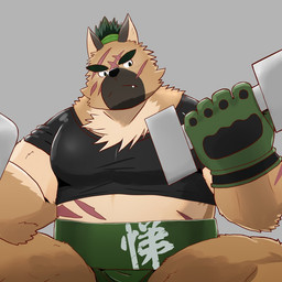 anthro black_nose clothing cute_fangs exercise fangs kemono male musclegut muscular overweight overweight_anthro overweight_male scar shirt solo sumo teeth topwear workout mizunabe lifewonders tokyo_afterschool_summoners yasuyori_(tas) canid canine canis domestic_dog mammal 1:1 2020