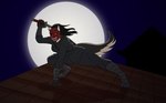 anthro black_hair female grin hair light mask melee_weapon moon moonlight ninja noh_mask oni_mask rooftop smile solo sword tail warrior weapon clock-face the_sake_ninja canid canine fox mammal true_fox black_and_white colored low_res monochrome