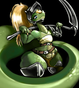 4_fingers anthro armor belly belt blonde_hair blue_eyes clothed clothing eyelashes fangs fingers green_body hair headgear helmet leg_armor legwear looking_down male melee_weapon multicolored_body navel polearm scales scythe simple_background smile solo tail teeth weapon wide_hips z_dragon reptile scalie snake hi_res