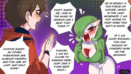 blush bodily_fluids breasts cleavage clothed clothing cross-popping_vein dialogue duo female fingernails green_hair hair hair_over_eye nails red_clothing red_eyes red_topwear speech_bubble sweat text topwear white_body white_breasts wittlemoew nintendo pokemon gardevoir generation_3_pokemon human humanoid mammal pokemon_(species) 16:9 2026 english_text hi_res widescreen