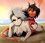 beach bikini black_hair breasts clothing cuffs_(clothing) duo ear_piercing female female/female fishnet_stockings grey_hair hair hand_on_another's_leg heart_symbol heart_tattoo horn laying_on_another legwear lying maid_bikini maid_uniform not_furry on_front outside piercing red_body red_eyes red_skin sea sky sun sunset swimwear tail tattoo teeth thigh_highs tooth_gap two-piece_swimsuit uniform water yellow_sclera the-butcher-x helluva_boss human_loona_(vivzmind) loona_(helluva_boss) millie_(helluva_boss) horned_humanoid human humanoid imp mammal tailed_humanoid 2024 absurd_res hi_res