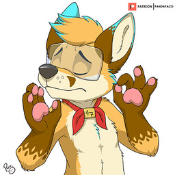 anthro blue_ears brown_body brown_ears brown_fur dipstick_ears ear_markings eyes_closed front_view fur gesture gloves_(marking) hand_gesture male markings mouth_closed multicolored_ears ok_sign patreon_logo pawpads pink_pawpads simple_background solo white_background white_body white_fur yellow_body yellow_fur young young_anthro young_male pandapaco patreon canid canine fox mammal 1:1 half-length_portrait portrait