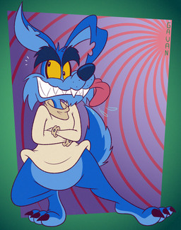 3_toes anthro bent_ear black_eyebrows black_nose black_toe_claws blue_body blue_fur bodily_fluids bottomless bottomless_anthro bottomless_male cheek_tuft chin_tuft clenched_teeth clothed clothing drooling eyebrows facial_tuft fangs feet fur glance googly_eyes hearing_noises humanoid_feet insane jagged_teeth long_ears male multicolored_body multicolored_fur notched_ear open_mouth open_smile plantigrade pose raised_heel raised_tail restraints saliva sharp_teeth smile solo standing standing_on_toes straitjacket tail teeth thick_eyebrows tiptoes toes tongue tongue_out toony tuft two_tone_body two_tone_feet two_tone_fur two_tone_tail yellow_sclera gavanzude activision crash_bandicoot_(series) ripper_roo kangaroo macropod mammal marsupial 2025 colored digital_drawing_(artwork) digital_media_(artwork) flat_colors hi_res pinup