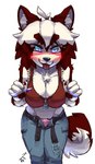 anthro belt black_nose blue_eyes blush bodily_fluids bottomwear breasts chest_tuft cleavage clothed clothing female fur hair leaning leaning_forward looking_at_viewer pants pawpads red_body red_fur red_hair russian_flag saliva simple_background smile solo tongue tongue_out tuft underwear white_background white_body white_fur waffl3sk4t maya_(pingpenne) canid canine canis domestic_dog husky mammal nordic_sled_dog spitz absurd_res hi_res