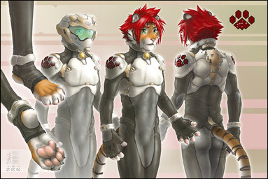 abstract_background anthro armor bell bell_collar bulge butt clothed clothing collar countershading feet fingerless_gloves front_view furgonomics gloves green_eyes hair handwear headgear helmet latex male multiple_poses pattern_background pawpads paws plantigrade pose rear_view red_hair simple_background solo spacesuit standing striped_background suit tail tail_clothing tight_clothing tight_suit zenthetiger joshua_(zenthetiger) felid mammal pantherine tiger model_sheet multiple_versions