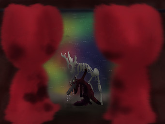ambiguous_gender anthro blood blood_on_claws blood_on_curtain blurred_background blurred_character bodily_fluids bone dancing duo fur furry_tail gem green_eyes hand_holding holding_face limp mask on_stage pearl_(gem) pearl_(rain_world) skeleton sky star starry_sky tail wearing_mask neoncityrain rain_world videocult muenos_mccall_(neoncityrain) scavenger_(rain_world)