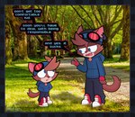adolescent aged_up anthro beanie blue_eyes brown_body brown_fur clothing collar_tag dialogue duo eyewear eyewear_on_head fingerless_gloves fur gloves goggles goggles_on_head grass handwear hat headgear headwear high_top_shoes hoodie jacket looking_down looking_up male notched_ear on_model park photo_background plant speech_bubble text topwear young young_anthro young_male golkey murphy_and_mitzi murphy_(ajmarekart) domestic_cat felid feline felis mammal english_text hi_res photography_(artwork)