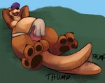 animal_genitalia animal_penis anthro belly big_belly brown_body brown_fur fur genitals grass hair lying male on_back penis plant purple_hair stretching tail tail_motion text robomax misha_(misha) mammal mustelid otter