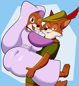 anthro barefoot big_breasts big_butt breasts butt canon_couple carrying_another clothing dress duo feet female hat_feather headdress headgear headwear looking_at_viewer loose_feather male male/female one_eye_closed open_mouth open_smile smile thick_thighs wink winking_at_viewer someth1ngoranother disney robin_hood_(disney) maid_marian robin_hood canid canine fox mammal absurd_res hi_res