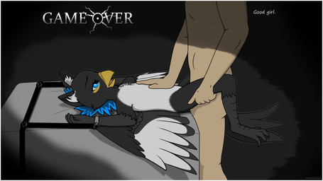 anthro anthro_penetrated beak belly_rub blue_eyes chest_tuft dark_room defeat_sex defeated defeated_heroine dim_lighting dominant dominant_male duo feathers featureless_chest feeling_up feet female female_anthro female_on_bottom female_on_human female_penetrated furniture game_over gameplay_mechanics good_girl hand_on_another's_belly helpless holding_leg human_on_anthro human_penetrating human_penetrating_anthro human_penetrating_female impregnation interspecies interspecies_domination interspecies_impregnation larger_human larger_male leg_grab looking_at_another male male/female male_human male_penetrating male_penetrating_anthro male_penetrating_female obscured_penetration on_bottom open_beak open_mouth ottoman ovum penetration petting questionable_consent raised_arms restrained restrained_arms roleplay sex size_difference smaller_anthro smaller_female sperm_cell spread_legs spread_wings spreading submissive submissive_female surrendering tail tail_feathers talon_hands talons tied_to_bed toes tuft vaginal vaginal_penetration wings worried_look wrattales2022 mythology azuki_(azukipuddles) avian bird corvid gryphon holarctic_magpie human magpie_(corvid) mammal mythological_avian mythological_creature oscine passerine yellow-billed_magpie 16:9 hi_res widescreen