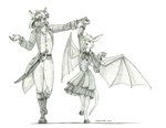 2024 anthro baron_engel bat bat_wings boots canid canine clothed clothing dancing dress duo dust:_an_elysian_tail eye_contact female footwear fox fur greyscale hair looking_at_another male male/female mammal melee_weapon membrane_(anatomy) membranous_wings monochrome nimbat open_mouth shoes spread_wings sword tail traditional_media_(artwork) valden_the_nimbat veiny_wings weapon wings