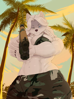 5_fingers abs anthro bikini black_nose blue_eyes bottomwear bra braided_hair breasts camo camo_clothing camo_print claws cleavage clothed clothing cloud female fingers fur gun hair handgun heterochromia holding_gun holding_object holding_ranged_weapon holding_weapon long_hair looking_at_viewer low-angle_view midriff muscular muscular_anthro muscular_female navel outside palm_tree pants pattern_clothing pistol plant ranged_weapon sky solo swimwear tree two-piece_swimsuit underwear weapon white_body white_fur white_hair yellow_eyes 0grapheneheart0 arctic_wolf canid canine canis mammal wolf 3:4 absurd_res digital_media_(artwork) hi_res gynomorph_(lore)