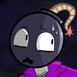 black_eyes bodily_fluids clothing for_a_head open_mouth purple_clothing purple_topwear round_head shiiiny simple_background solo sweat text thin_eyebrows topwear bomb_head object_head 1:1 2020 artist_name digital_media_(artwork) headshot_portrait hi_res portrait shaded male_(lore)
