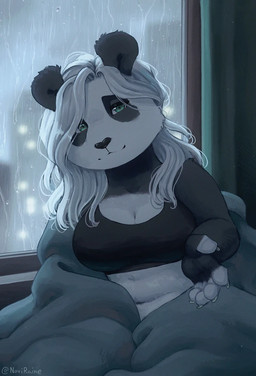 anthro bed bedding blanket bra breasts cleavage clothed clothing extended_arm female furniture green_eyes hair looking_at_viewer medium_breasts navel on_bed sitting slightly_chubby slightly_chubby_anthro slightly_chubby_female solo sports_bra underwear white_hair window noviraine november_(noviraine) bear giant_panda mammal