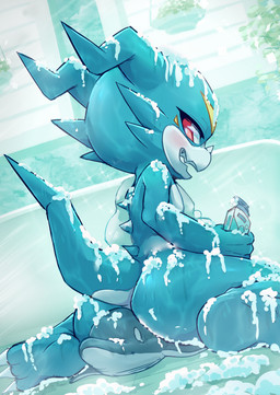 anthro bathing blue_body blush bubble butt claws detailed_background holding_object horn looking_at_viewer looking_back male naughty_face plushie rear_view red_eyes shortstack sitting soap solo suds rusho bandai_namco digimon aquatic cetacean digimon_(species) dolphin mammal oceanic_dolphin toothed_whale veemon hi_res