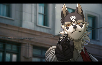anthro athletic athletic_anthro athletic_male black_bars detective gun handgun male movie_reference movie_set police police_officer ranged_weapon revolver solo weapon kambo dirty_harry okami_(okamisenpai) canid canine canis mammal wolf hi_res letterbox