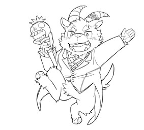 2_toes 5_fingers anthro blush bottomless butler chibi clothed clothing cloven_hooves eyebrows featureless_crotch feet fingers hooves horn male scepter simple_background solo suit thick_eyebrows toes unguligrade white_background mknskhnbs lifewonders tokyo_afterschool_summoners salomonkun bovid caprine goat mammal monochrome