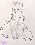 anthro balls big_penis blush bodily_fluids canid canine canis changed_(video_game) digital_media_(artwork) eroticbuni fluffy front_view fur genital_fluids genitals greyscale hair hi_res latex latex_creature living_latex male mammal marker_(artwork) mask monochrome nude pen_(artwork) penis precum puro_(changed) simple_background skull_mask slime solo tail toony traditional_media_(artwork) wolf