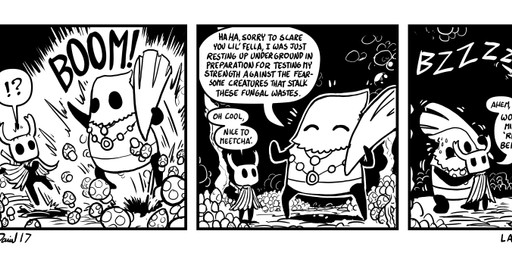 2_horns 3_panel_comic ambiguous_gender biped black_arms black_body black_eyes black_legs black_text bodily_fluids cloak clothing club_(weapon) dialogue duo exclamation_point eyes_closed flying fungus holding_melee_weapon holding_object holding_weapon horn looking_at_another melee_weapon motion_lines mushroom nail_(weapon) outside question_mark scared sound_effects speech_bubble standing sweat sweatdrop talking_to_another text weapon weapon_on_back white_text wings p5ych hollow_knight_(franchise) team_cherry cloth_(hollow_knight) the_knight_(hollow_knight) arthropod vessel_(species) black_and_white comic english_text monochrome url female_(lore)
