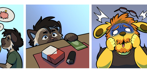 artist beard black_clothing black_shirt black_topwear brown_body brown_fur cigarette clothing duo ears_pierced eyewear facial_hair fur glasses green_clothing green_shirt green_topwear hair heart_symbol lighter male money mustache orange_body orange_fur orange_hair piggy_bank shirt shocked tip topwear wearing_glasses yellow_body yellow_fur baraking kon_shearo nub_(baraking) bird_dog canid canine canis domestic_cat domestic_dog felid feline felis golden_retriever hunting_dog mammal retriever absurd_res comic hi_res