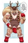 anthro antlers bell bell_harness biceps boots brown_hair candy candy_cane clothing convenient_censorship dessert facial_hair food footwear gloves hair handwear harness hat hat_on_penis headgear headwear holidays horn jingle_bell jingle_bell_harness legwear looking_at_viewer male muscular muscular_anthro muscular_male navel nipples pecs penis_clothing penis_hat pubes sack shoes sideburns solo speech_bubble standing stockings text gabshiba christmas deer mammal new_world_deer reindeer censored english_text hi_res