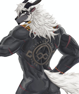 anthro butt eyebrows hair horn looking_back male muscular muscular_anthro muscular_male rear_view scar simple_background solo standing tail white_background hauruu nazrik_(afk_journey) absurd_res digital_drawing_(artwork) digital_media_(artwork) hi_res