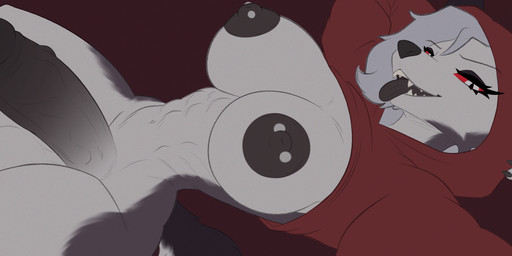 abs anthro areola balls bangs barbell_piercing big_balls big_breasts big_penis breasts clothed clothing erection eyelashes fur genitals gynomorph hair hand_behind_head hoodie huge_penis intersex long_eyelashes looking_at_viewer nipple_dip nipple_piercing nipples penis piercing red_sclera simple_background smile solo tail teeth topwear white_body white_fur alex_artist hellaverse helluva_boss mythology loona_(helluva_boss) canid canid_demon canine canis demon hellhound mammal mythological_canine mythological_creature absurd_res digital_media_(artwork) hi_res