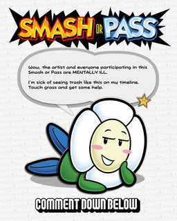 blue_clothing blue_footwear blush clothing female footwear green_body grin half-closed_eyes looking_at_viewer lying narrowed_eyes on_front plant smile smug solo speech_bubble text white_body white_petals downrightshoddy mario_bros nintendo paper_mario crazee_dayzee elemental_creature flora_fauna humanoid absurd_res english_text full-length_portrait hi_res portrait